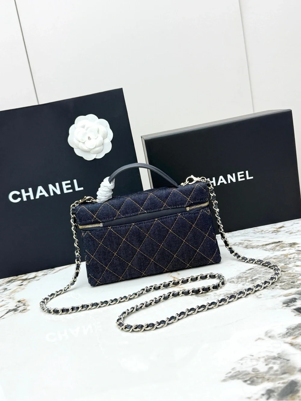 CHANEL Navy Quilted Denim Vanity Crossbody with Gold Hardware